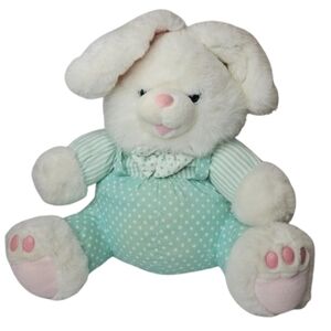 Vintage Easter Bunny Plush White Pink Bunny MintGreenCloth Easter Playful Rabbit
